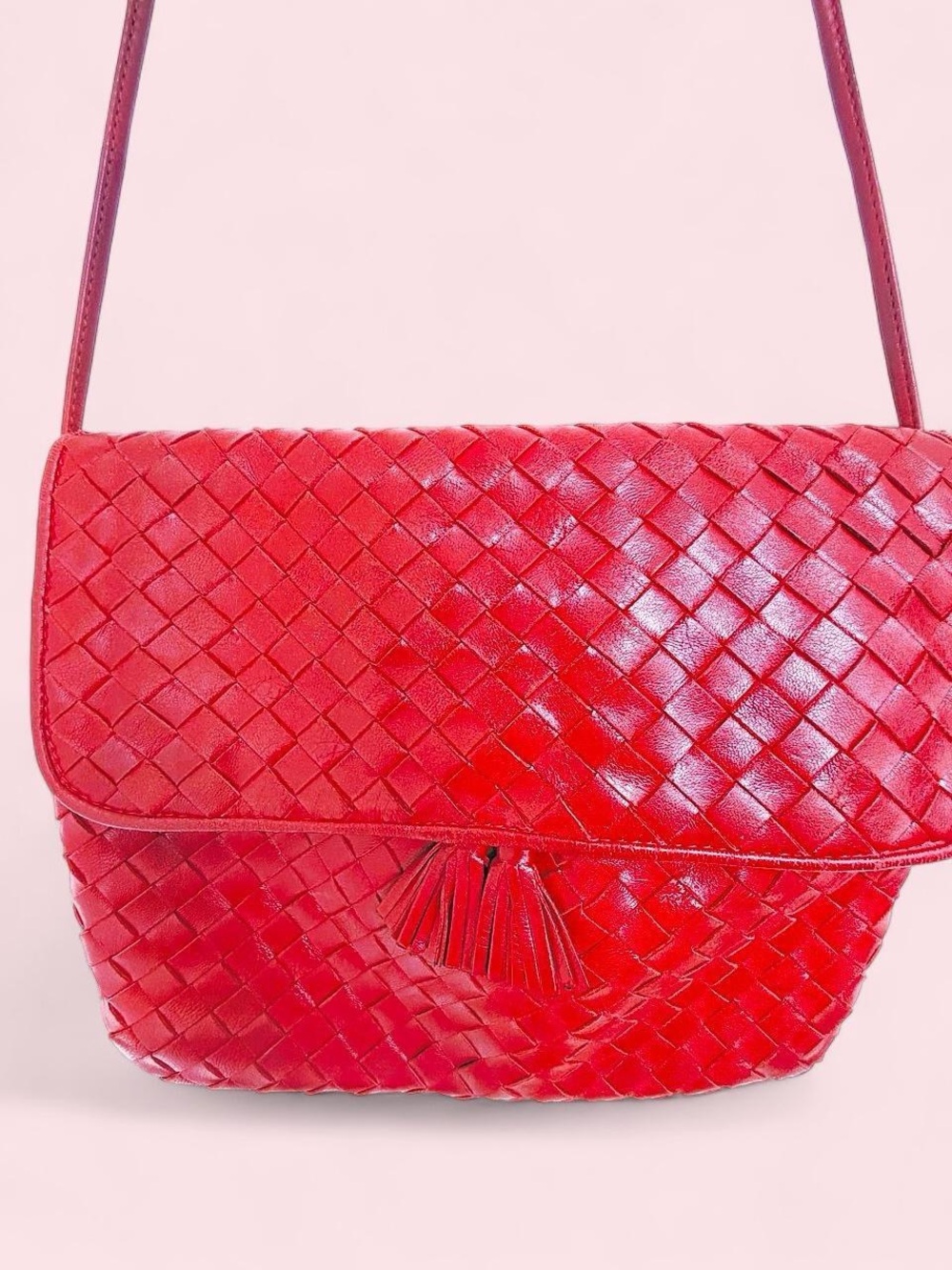 Vintage Fenice Red Woven Leather Crossbody with Tassel Accent Made in Italy - Picture 3 of 7